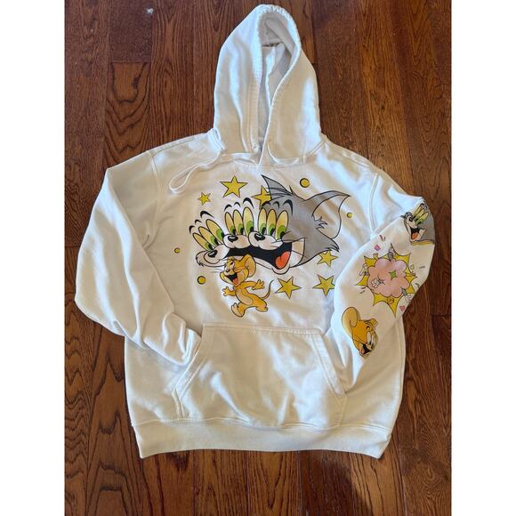 Tom and Jerry White Hoodie Size Large Cotton Polyester Cartoon Graphics Pocket - Picture 3 of 10